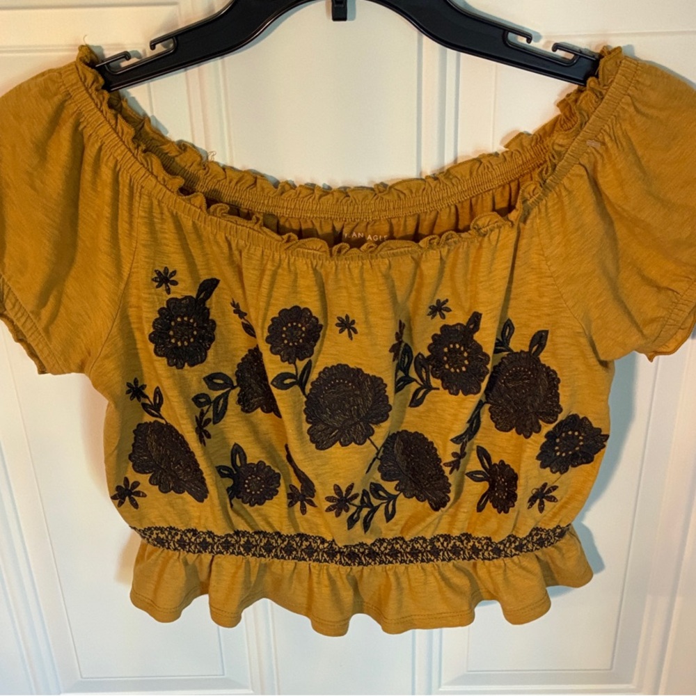 American Eagle Outfitters Mustard Yellow Off-Shoulder Embroidered Crop Top